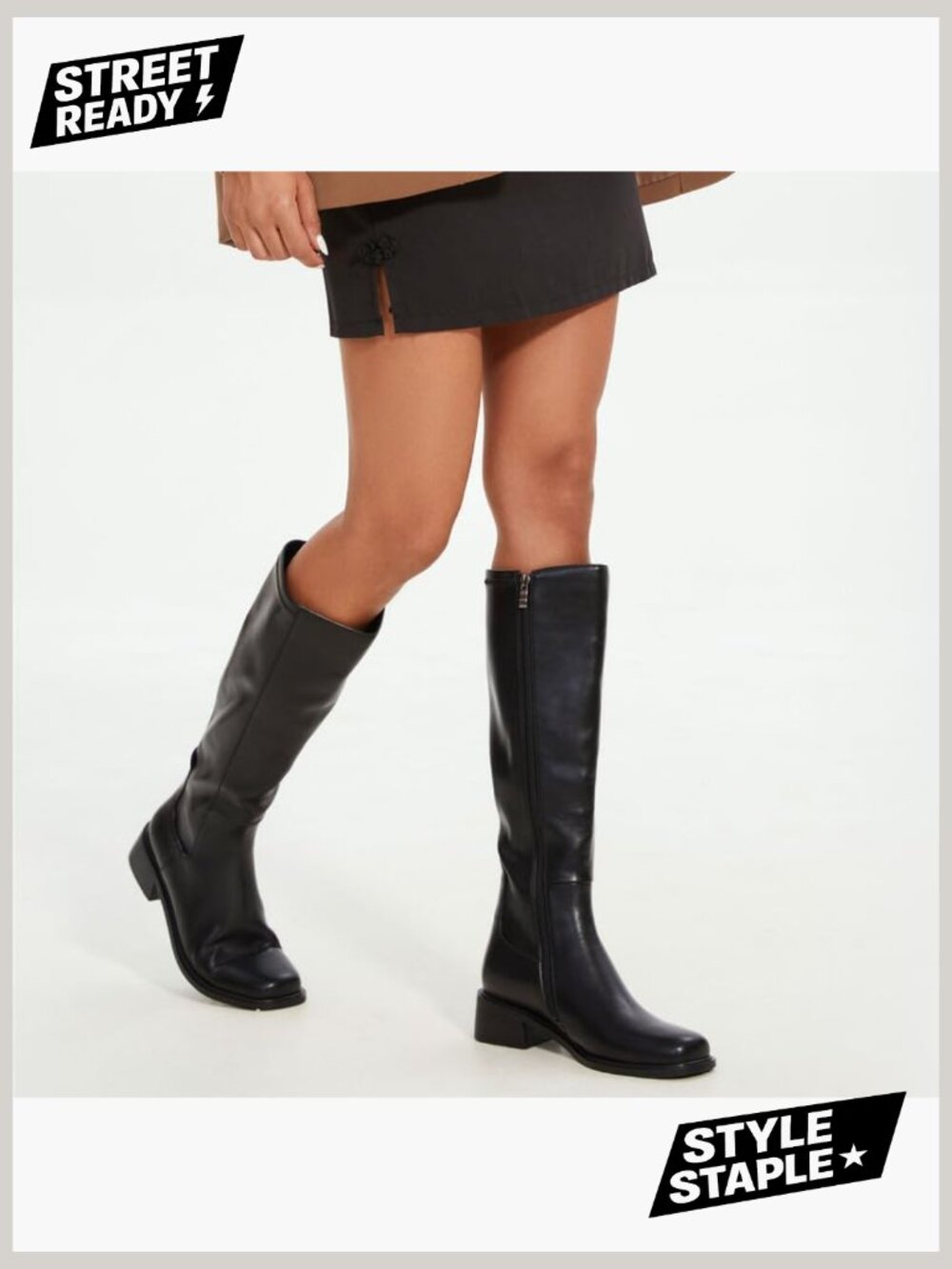 Knee High Boots Women Faux Leather Low Heel Square Toe Side Zipper Fall Boots - Picture 3 of 7